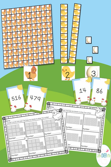 These themed base-ten manipulatives make learning place value so much fun! This set has a different part of the chicken life cycle for each place value. So cool!