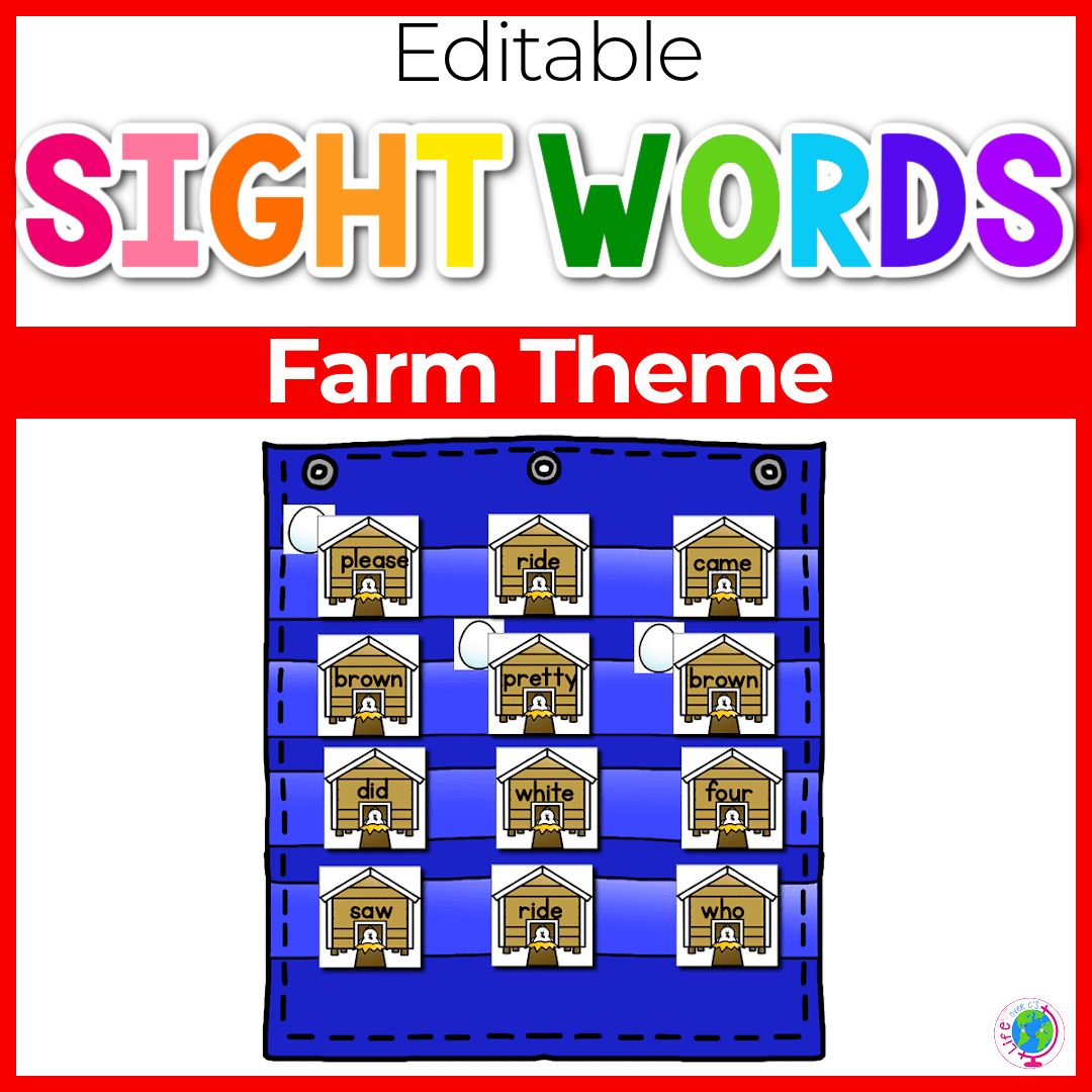 Editable farm theme sight words Hide and Seek activity featuring colorful chicken coop sight word cards arranged in a blue pocket chart with white egg hiding pieces. This hands-on kindergarten sight word game gives students practice recognizing and reading high-frequency words such as please, ride, came, brown, pretty, did, white, four, saw, and who during literacy centers, small groups, or whole-group reading practice.