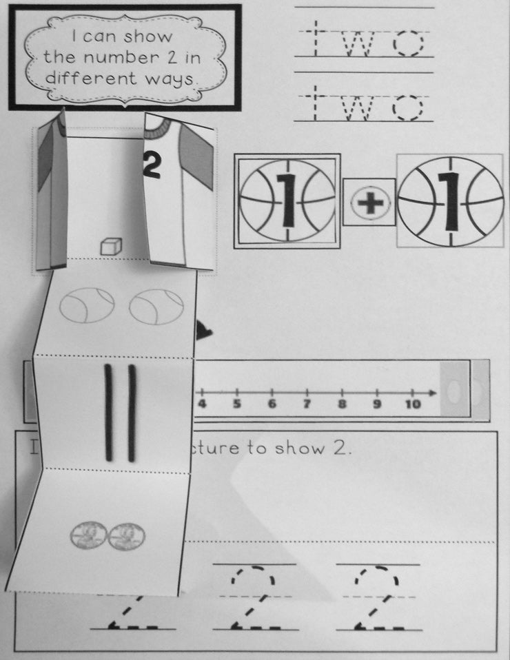 This interactive math notebook for numbers 1-10 is fantastic. Numbers are shown in several different formats: words, numerals, tally marks, dice, number line and more!
