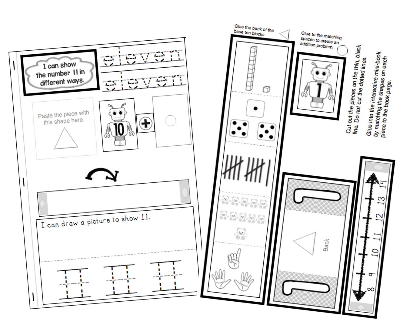 Interactive math notebook for numbers 11-20. Shows numbers in lots of different ways! Numerals, words, tally marks, dice, hands, number line, simple addition and much more!