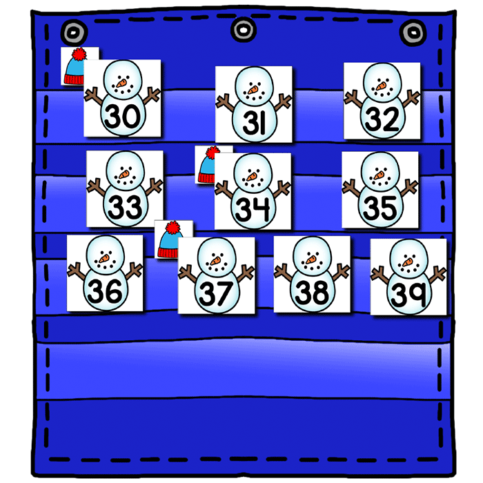 Numbers 0-120 Hide & Seek Pocket Chart Cards | Snowman Theme