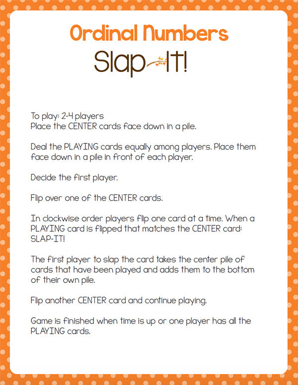 Ordinal Number Card Games: 1st-10th October Theme