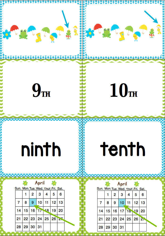 Students will learn ordinal numbers through a fast-paced, fun game! This April Ordinal Number game reviews ordinal numbers 1st-10th with an exciting April/Rainy Day theme. The kids can look at objects in a line, dates on a calendar, numerals and words to learn what each of them means.