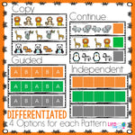 Pattern activities for kindergarten. Zoo animal themed differentiated pattern printables