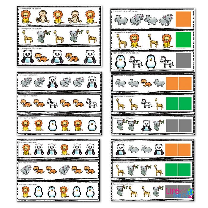 Pattern activities for kindergarten. Zoo animal themed differentiated pattern printables