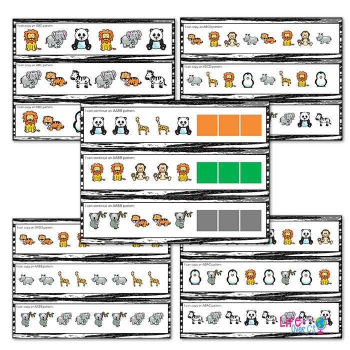 Pattern activities for kindergarten. Zoo animal themed differentiated pattern printables