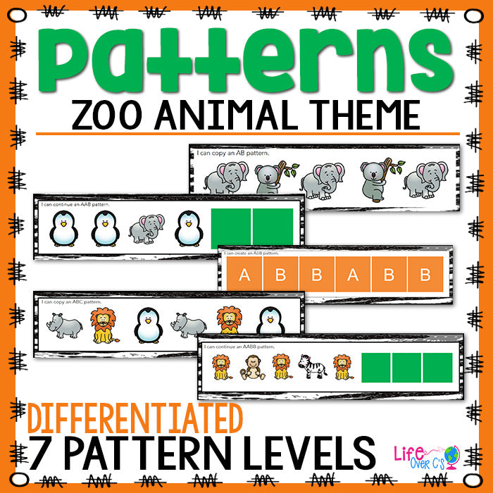 Zoo printable pattern activities for kindergarten. Zoo animal themed differentiated pattern printables