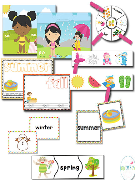 This seasons math and literacy pack is great for preschoolers and kindergarteners! Seasonal play dough mats for "What to wear", sorting pictures of seasons, puzzles, matching and much more! Your kids will love learning about the four seasons with this pack!