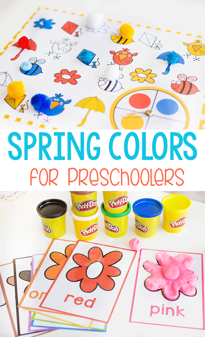 Spring color activities for preschoolers. Play games with spinners, matching, play dough and more to learn colors. #preschool #prek #colors #colortheme #matching #games #lifeovercs #iteachtoo