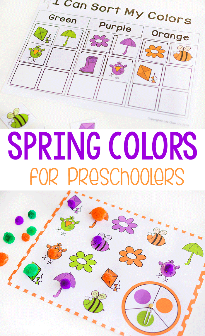 Spring color activities for preschoolers. Play games with spinners, matching, play dough and more to learn colors. #preschool #prek #colors #colortheme #matching #games #lifeovercs #iteachtoo