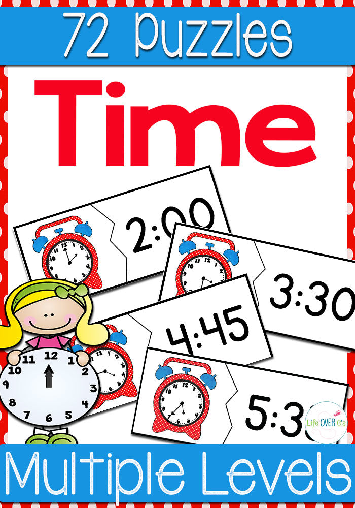 Your students will love reviewing telling time to the hour, to thirty minutes, to fifteen minutes and to five minutes with this set of time puzzles. Telling time can be a difficult task for young learners, but review will be very enjoyable two-piece puzzles!