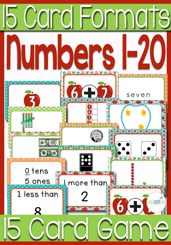 15 sets of apple themed cards for 15 card games!! WOW!! These numbers 1-20 card games are a great way to review different number formats with kids. Dice, dominos, words, addition, place value and more!