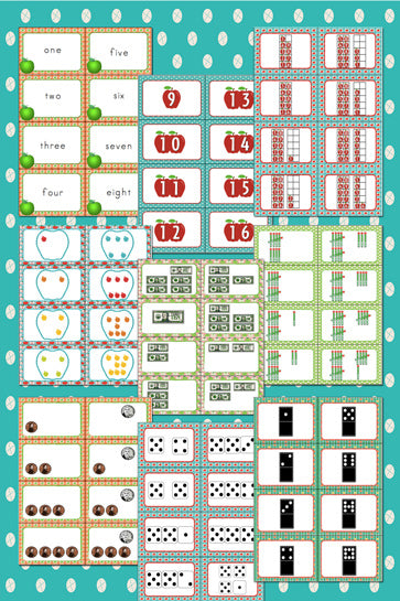15 sets of apple themed cards for 15 card games!! WOW!! These numbers 1-20 card games are a great way to review different number formats with kids. Dice, dominos, words, addition, place value and more!