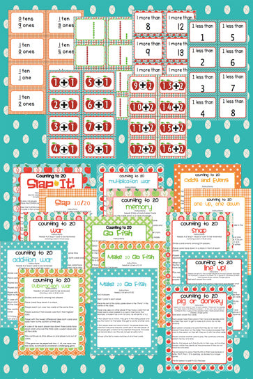 15 sets of apple themed cards for 15 card games!! WOW!! These numbers 1-20 card games are a great way to review different number formats with kids. Dice, dominos, words, addition, place value and more!