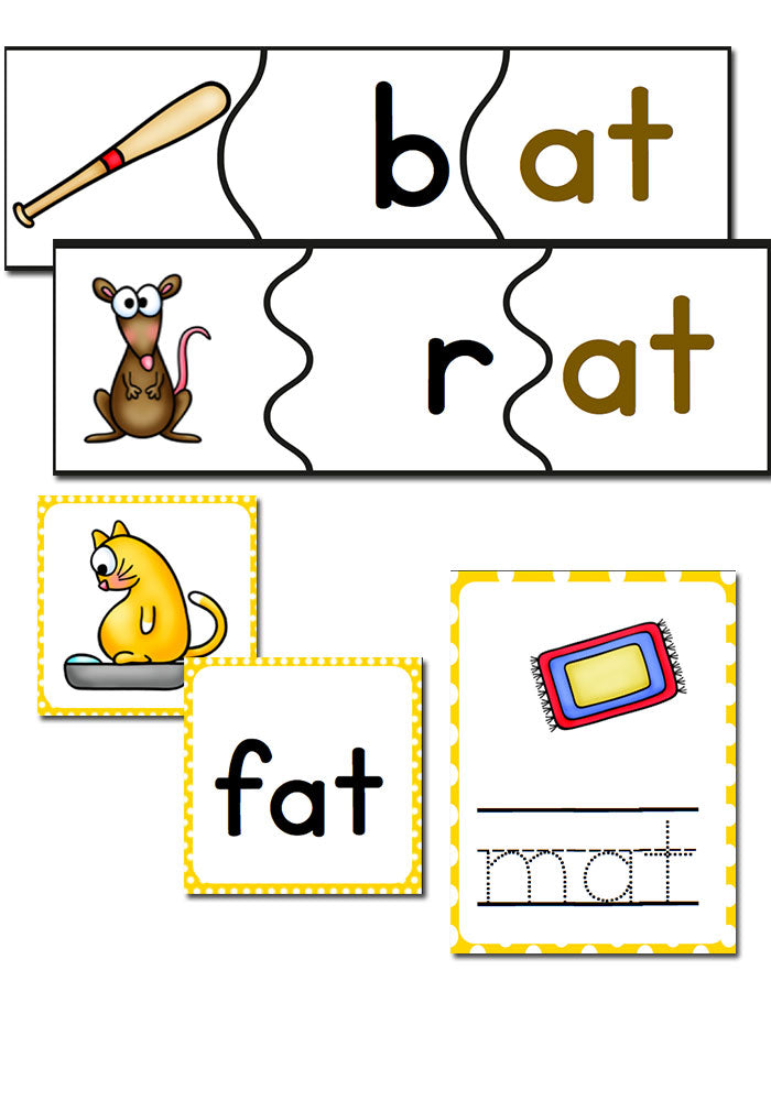 There are so many at word family activities included in this pack! Puzzles, memory, tracing cards, dice games and more! The perfect set for learning the at word family.