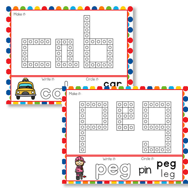 CVC Word Snap Cube Mats for kindergarten literacy centers.