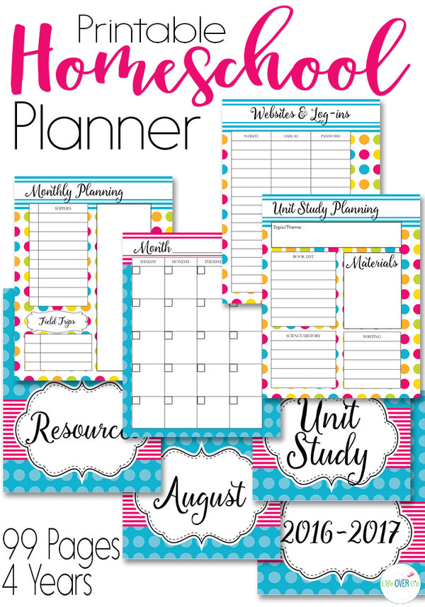 Get your homeschool organized for the year! This printable homeschool planner in beautiful watercolors comes with 99 pages to get you organized this year. Monthly, weekly, and hourly views, unit study planning, resource pages for your favorite websites and so much more!