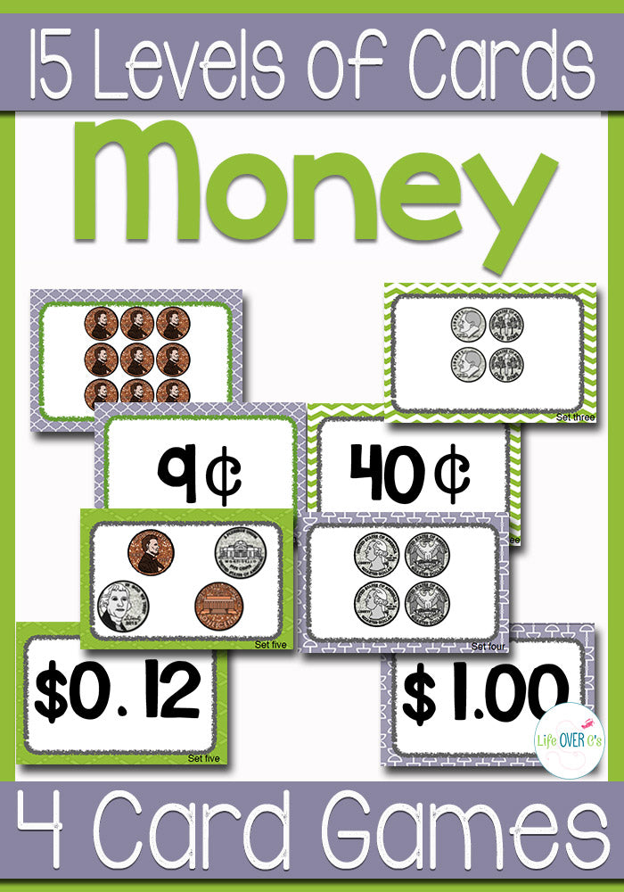 15 Sets of cards comparing values of coins and center instructions for six coin card games! Any set of cards can be used for any of the games. Change the sets of cards as your students increase in their money skills.