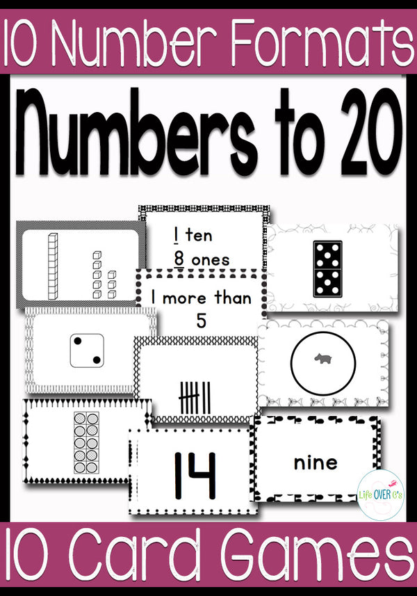 Have fun counting to 20 with these 10 fun card games for numbers 1-20. This black and white theme covers numbers using words, numerals, dice, tally marks, dominoes, sets, base ten and more!