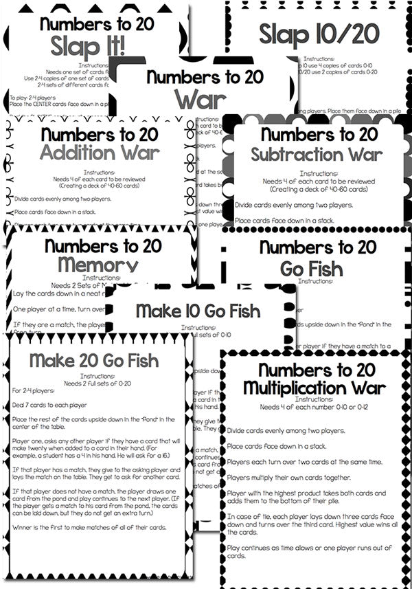 Have fun counting to 20 with these 10 fun card games for numbers 1-20. This black and white theme covers numbers using words, numerals, dice, tally marks, dominoes, sets, base ten and more!