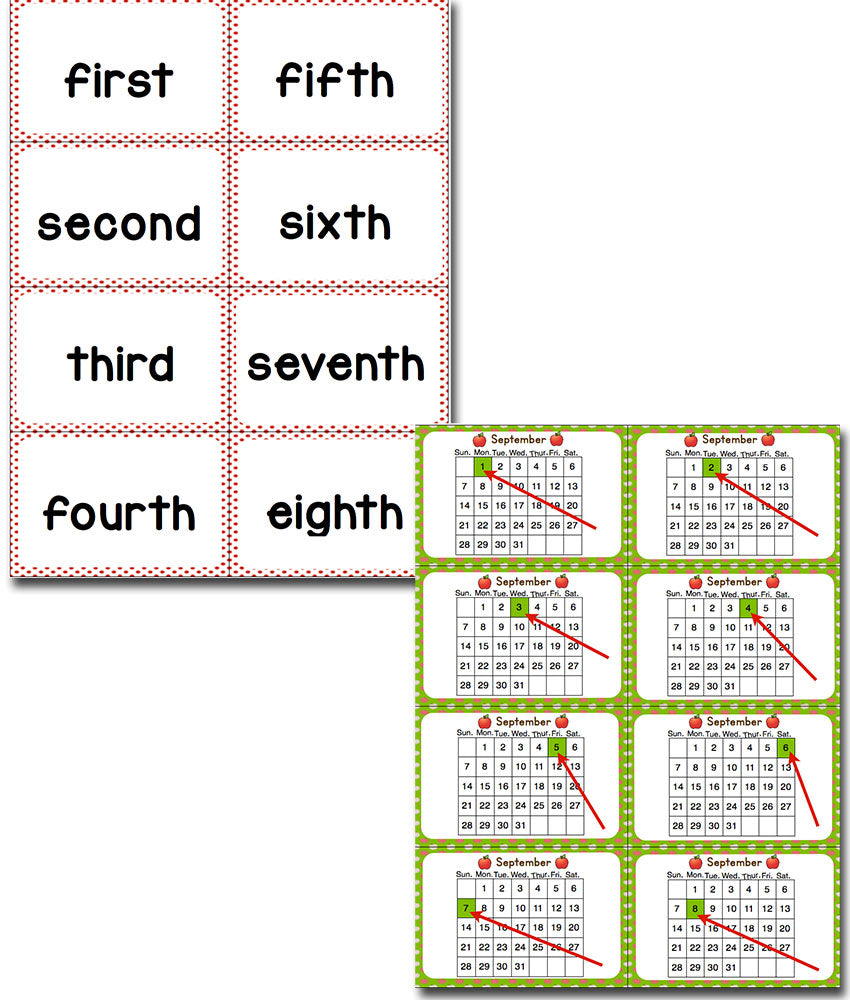 Students will learn ordinal numbers through a fast-paced, fun game! This September Ordinal Numbers Card game reviews ordinal numbers 1st-10th with an exciting September/Apple theme. The kids can look at objects in a line, dates on a calendar, numerals and words to learn what each of them means.