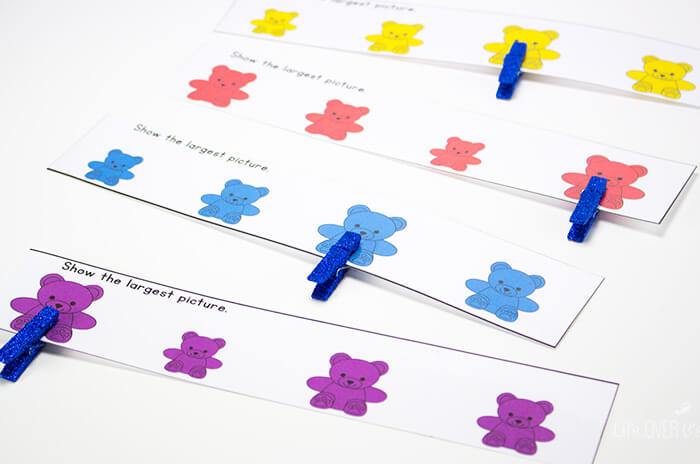 Learn about large and small in this preschool pack for rainbow bear counters.