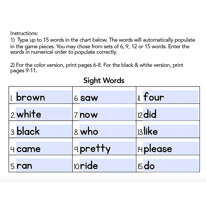 Editable chicken sight word Hide and Seek game setup page showing a customizable sight word chart with space for up to 15 words. Teachers can enter 6, 9, 12, or 15 sight words, which automatically populate the farm-themed game pieces for differentiated kindergarten reading practice, literacy centers, small groups, intervention, and sight word recognition activities. The example chart includes words such as brown, white, black, came, ran, saw, now, who, pretty, ride, four, did, like, please, and do, with dir
