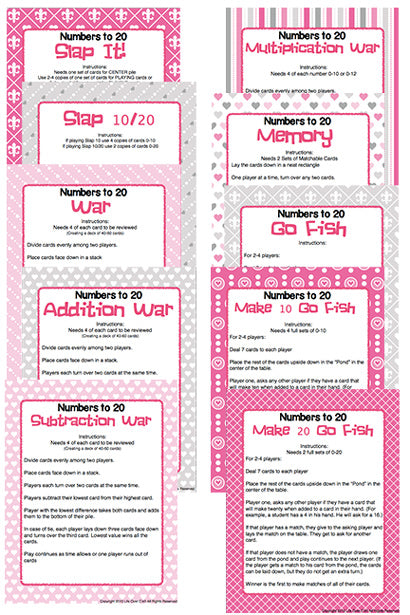 These 10 Card games for numbers 0-20 are such a fun way to review numbers!! I can think of so many ways (beyond the 10 games included) to use these cards!! Love the Valentine's Day theme!